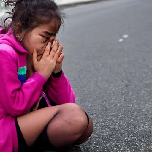 Prompt: a girl sat crying on a road