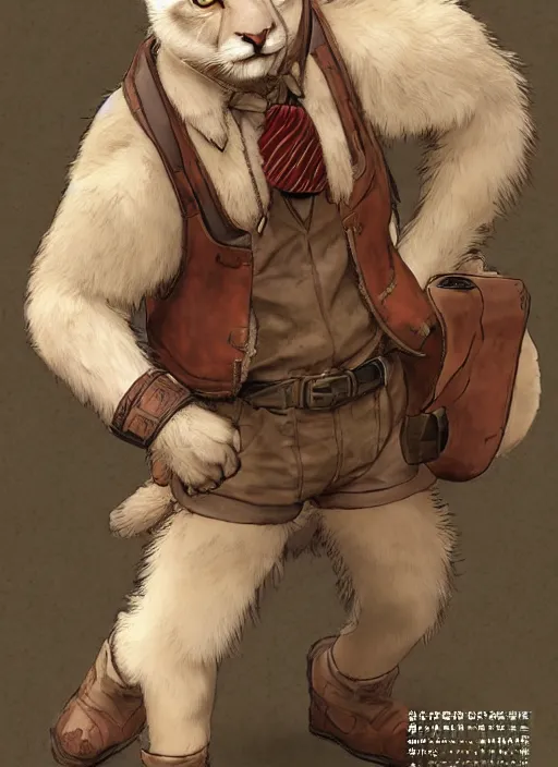 Image similar to character portrait of a albino mountain lion wearing miner's clothes. hidari, color page, tankoban, 4K, tone mapping, Akihiko Yoshida.