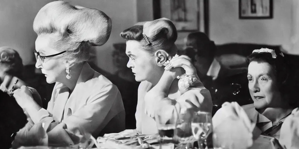 Prompt: close up detailed sharp photograph in the style of popular science circa 1 9 5 5 and gregory crewdson of a 1 9 5 0 s of an elderly woman wearing a mink stole and pearls with a white bouffant hairdo sitting at a banquet table. 1 5 0 mm lens