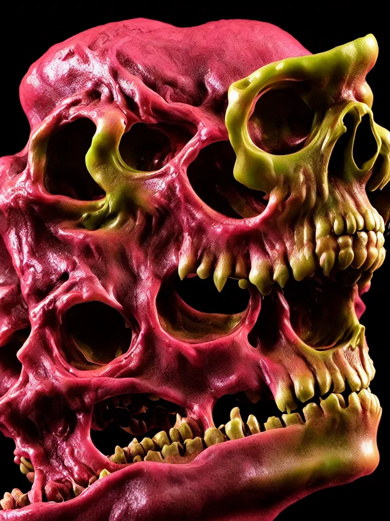 Image similar to hyperrealistic subsurface scattering rendering, fat smooth wet cronenberg flesh monster smooth skulls and ribcages kaiju by art of skinner and richard corben and jeff easley, product photography, action figure, sofubi, studio lighting, colored gels