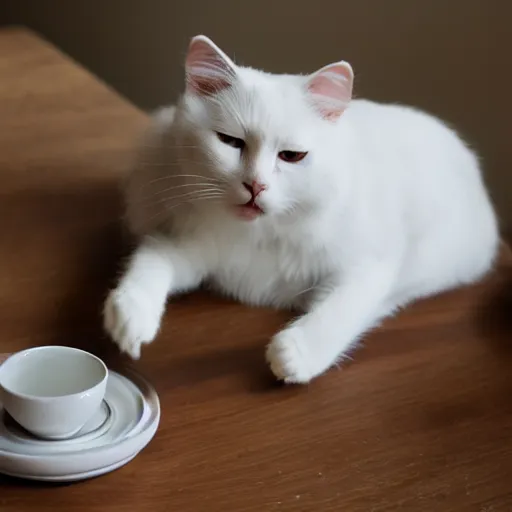 Prompt: a white cat is pouring tea