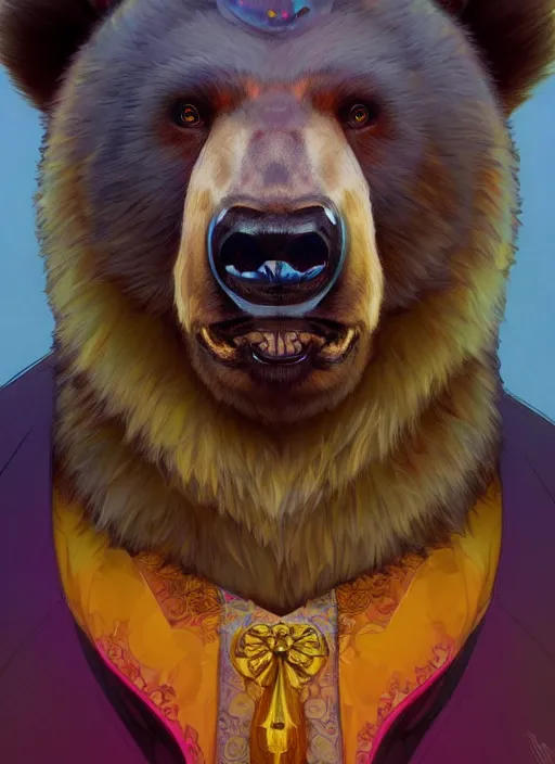 Image similar to portrait of anthropomorphic bear, colorful, highly detailed, digital painting, artstation, concept art, smooth, sharp focus, illustration, art by artgerm and greg rutkowski and alphonse mucha