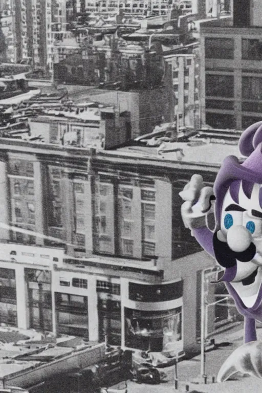 Image similar to still from vhs footage of waluigi attacking city