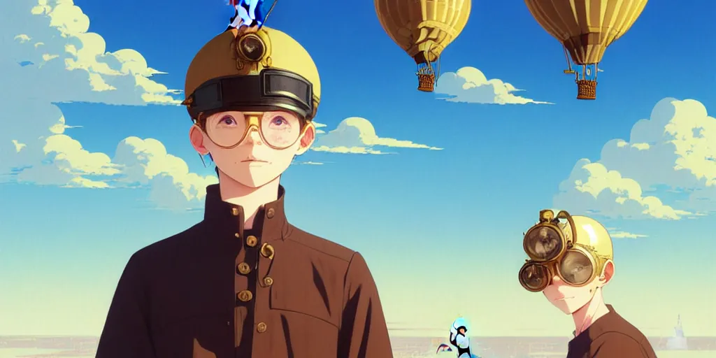 Image similar to 3 d portrait of a boy with light blond curly hair with an aviator helmet and goggles standing at the helm of a multidimensional steampunk hot air balloon by ilya kuvshinov, cloudy sky background lush landscape ln illustration concept art anime key visual trending pixiv by victo ngai fanbox by greg rutkowski makoto shinkai takashi takeuchi studio ghibli