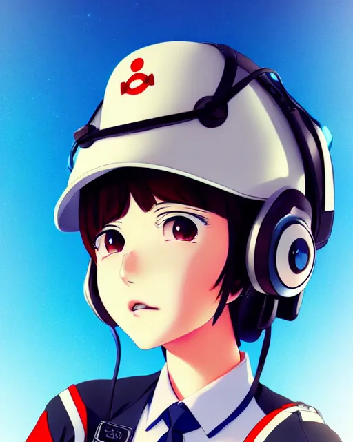 Image similar to Anime girl is dressed in plane pilot uniform. Anime. by lois van baarle, ilya kuvshinov, rossdraws, Ghibli marker anime art, manga concept Blizzard pixar maya engine on stylized background splash comics global illumination