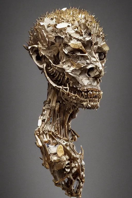 Image similar to A boney thin humanoid with teared viscose clothes wearing a carved mineral mask with tiny mineral and gold incrustations. By tom purvis, emil melmoth, zdzislaw belsinki, Craig Mullins, yoji shinkawa, white gold color scheme, featured on artstation, beautifully lit, Peter mohrbacher, zaha hadid, hyper detailed, insane details, intricate, elite, ornate, elegant, luxury, dramatic lighting, CGsociety, hypermaximalist, golden ratio, environmental key art, octane render, weta digital, micro details, 3d sculpture, structure, ray trace 4k