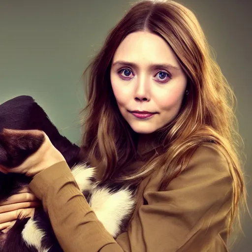 Prompt: Elizabeth Olsen holding a dog in her hands, photorealistic, 4k, 8k, trending on artstation