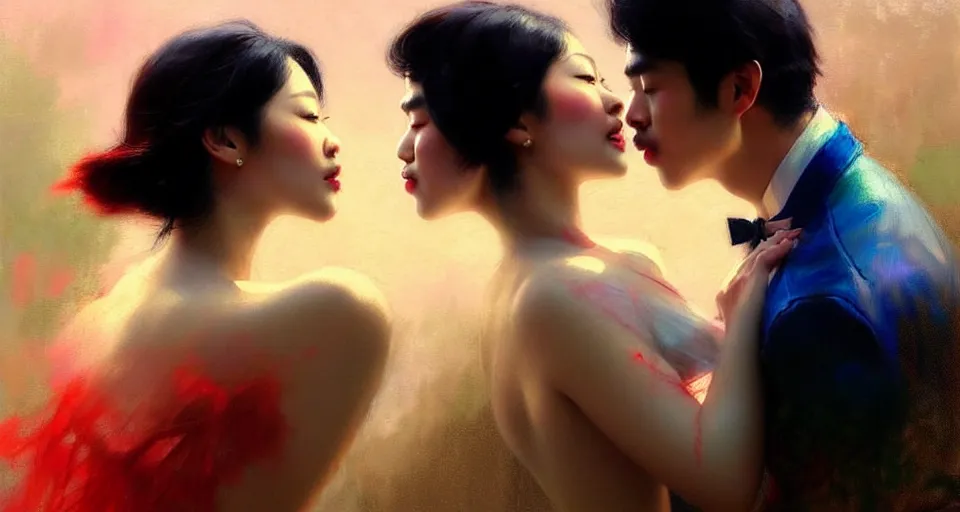 Prompt: photography of asian couples kissing each other, deep focus, volumetric light, colourful, sharp, detailed, digital painting by rolf armstrong, jeremy lipkin and michael garmash, rob rey and kentaro miura style, pinterest behance top picks