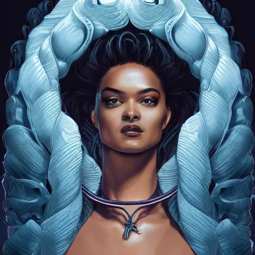 Prompt: Shanina Shaik as Medusa, snakes for hair, highly detailed, digital painting, artstation, concept art, smooth, sharp focus, illustration, art by Chris Achilleos and artgerm, in the style of Medusa (1988) by Chris Achilleos.