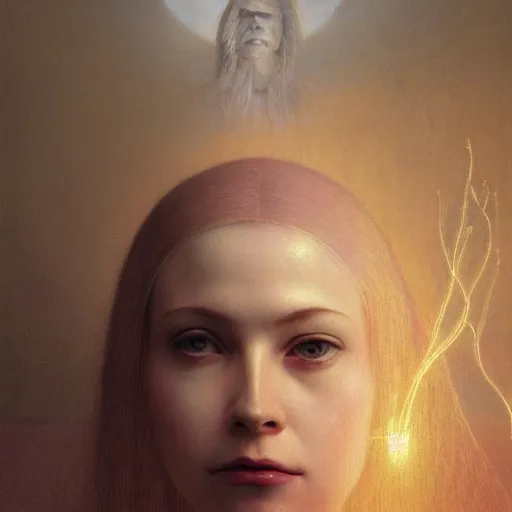 Prompt: Woman masterpiece, portrait, Avril Lavigne, pink, golden halo behind her head, wires, lines, by Edgar Maxence and Ross Tran, Zdzisław Beksiński, and Michael Whelan, distant, gustav dore, H.R. Giger, 8k, octane render