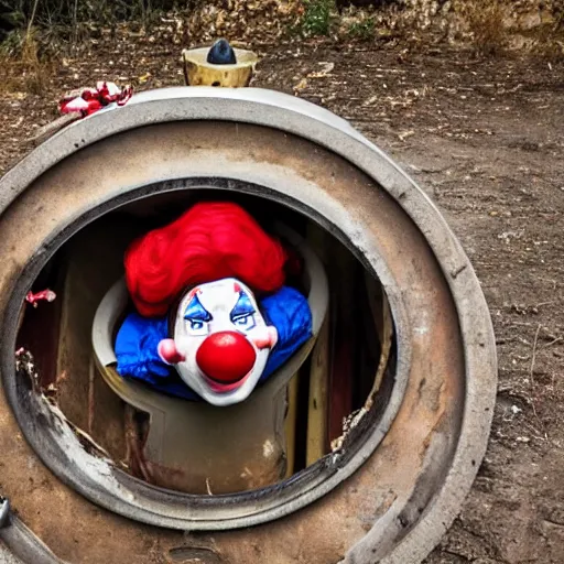 Image similar to clown peeking head out of artillery barrel