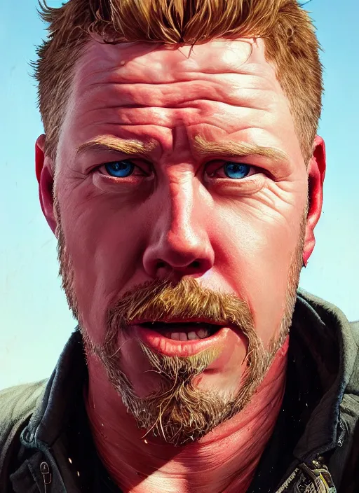 Image similar to highly detailed portrait of james hetfield in gta v, stephen bliss, unreal engine, fantasy art by greg rutkowski, loish, rhads, ferdinand knab, makoto shinkai and lois van baarle, artgerm, pixar, ilya kuvshinov, rossdraws, tom bagshaw, global illumination, radiant light, detailed and intricate environment