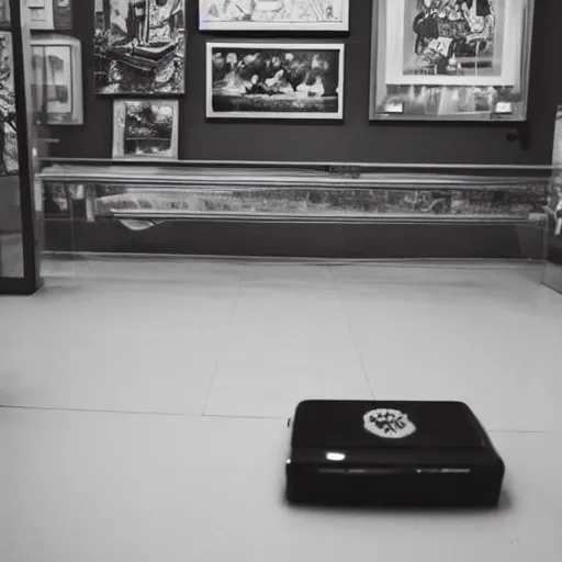 Prompt: small computer on floor in the middle of a large museum, artwork on walls, black and white polaroid