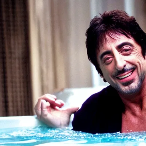 Prompt: al pacino scarface hot tub scene, except he is smiling and looking at a monitor, a pc computer floats in the water