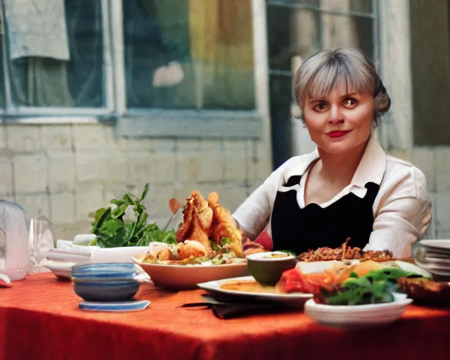 Prompt: a russian woman sitting at a table with a plate of food in dark warm light, a character portrait by nadya rusheva, featured on cg society, neo - fauvism, movie still, 8 k, fauvism, cinestill, bokeh