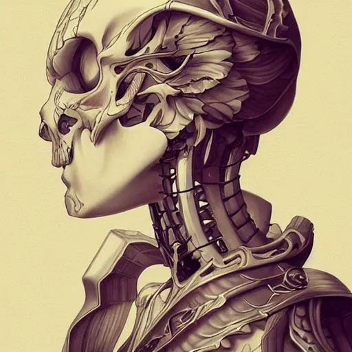 Image similar to anime manga skull profile young woman skeleton, elf, galadriel, Tolkien, unreal engine, intricate, elegant, highly detailed, digital art, art by JC Leyendecker and sachin teng