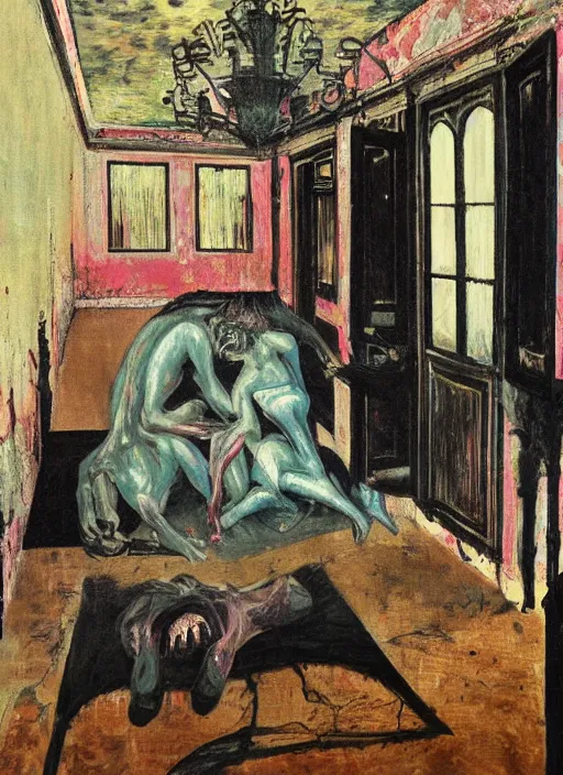 Image similar to two dark figures laughing inside a decayed Romanian motel room, Neo-Gothic, gothic, rich deep colors. intricate artwork in the style of Francis bacon, part by Gerhard Richter, part Edward Hopper and part Petra cortright, highly detailed, very coherent, horror, rich colours