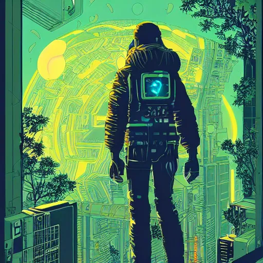 Prompt: Stunningly intricate illustration of single cyberpunk explorer overlooking lush forest, highly detailed, midnight, small glowing orbs by Josan Gonzalez and James Gilleard , Moebius, Laurie Greasley