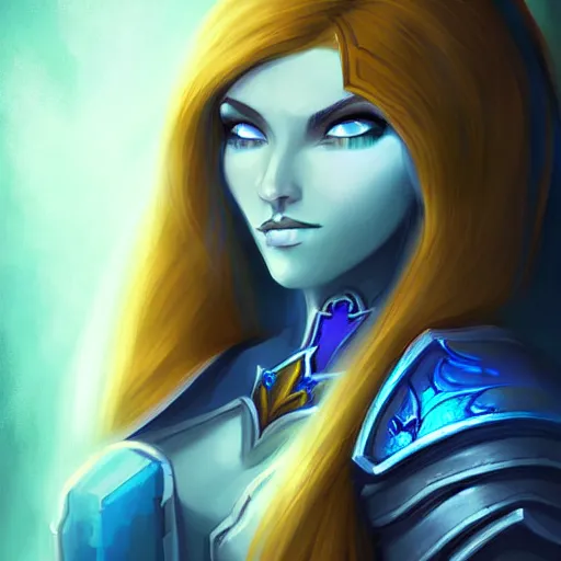 Prompt: a portrait of a very beautiful female mage in armor warcraft style armor blue hair bored illustration soft lighting soft details painting oi
