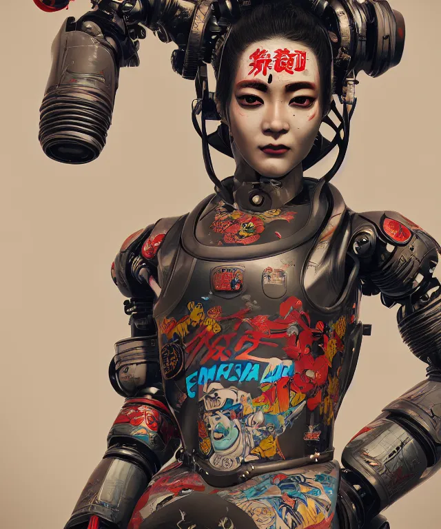 Image similar to an epic fantastic realism comic book style portrait painting of a japanese robotic geisha with kanji tattoos and decals, apex legends, octane render, intricate detail, 4 k hd, unreal engine 5