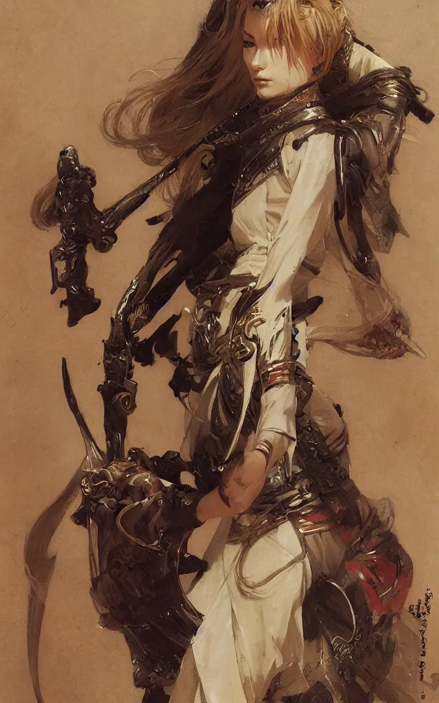 Prompt: modern elegant female samurai ninja, with large sword, feminine, powerful, beautiful, upper body, muscular, wide leg hakama trousers, highly detailed, by gaston bussiere, mucha, gerome, craig mullins, greg rutkowski, john singer sargent