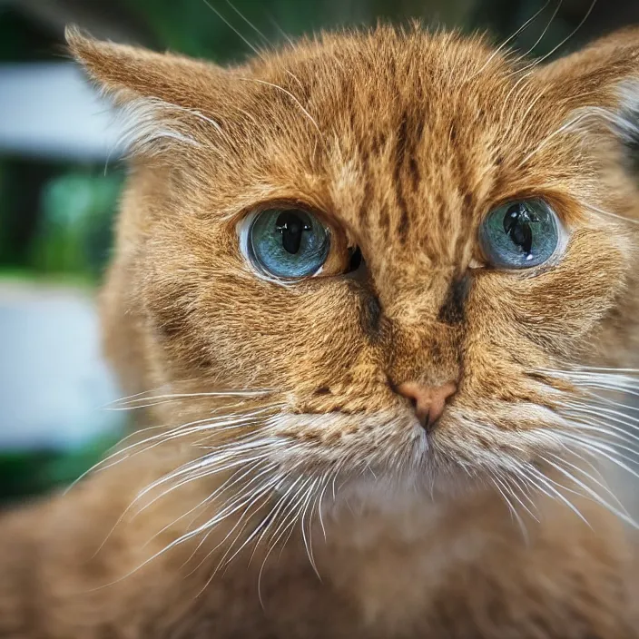 Prompt: portrait photograph of an extremely beautiful!!!! young garfield , symmetric face!, symmetric round detailed eyes!!, slight smile, natural light, wearing a yellow shirt!! in a tropical greenhouse!!. looking at the camera!!. super resolution. Extremely detailed. Graflex camera!, bokeh!!!!! trending on artstation.