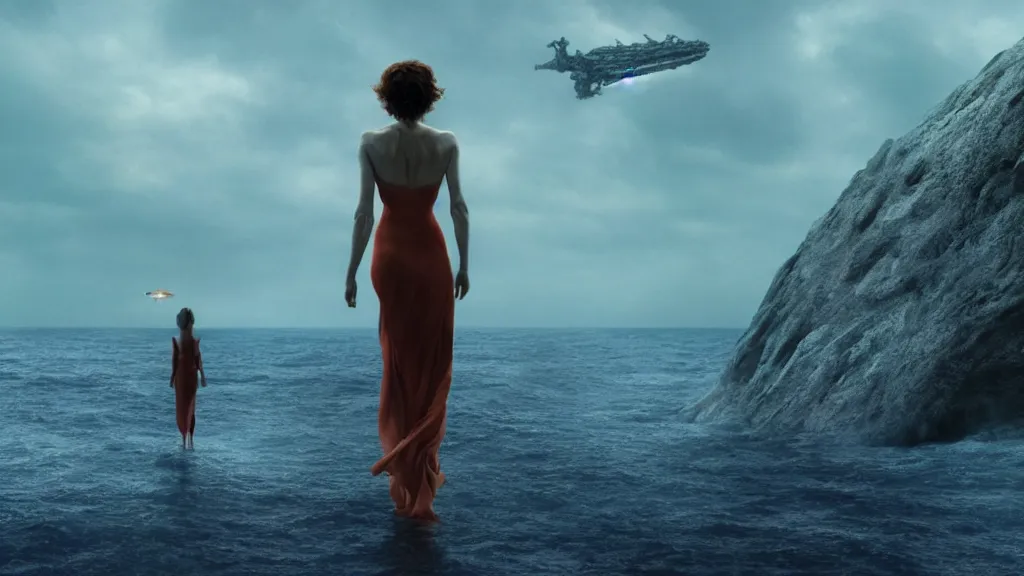 Image similar to photo of Helen McCrory coming out of the ocean, extreme detailed face, spaceship flying on the background, film still from the movie directed by Denis Villeneuve with art direction by Zdzisław Beksiński, wide lens