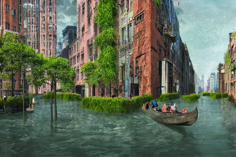 Prompt: a far-future flooded downtown Manhattan, with the buildings covered in moss and vines, and canal streets with gondolas and other boats, sparkling water, beautiful, dynamic lighting, atmospheric, highly detailed, cinematic establishing shot, digital art