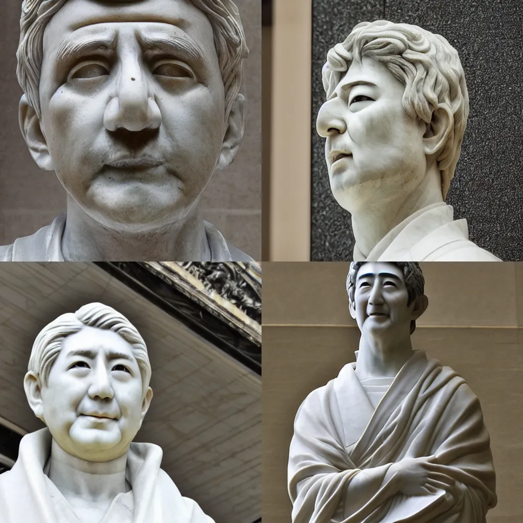 Prompt: A marble statue of Shinzo Abe photograph Roman close angle