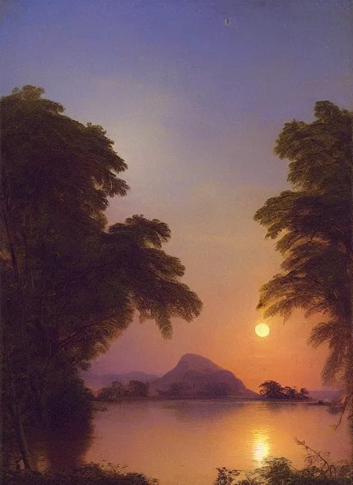 Prompt: the night time river of light, tropical vegetation, rule of thirds, serene moonlight, by frederic edwin church,