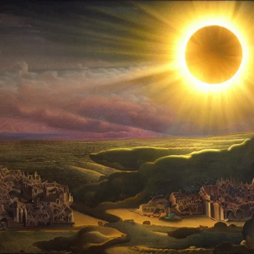 Image similar to dark solar eclipse, above a village, highly detailed, studio 4 k quality, by evelyn de morgan