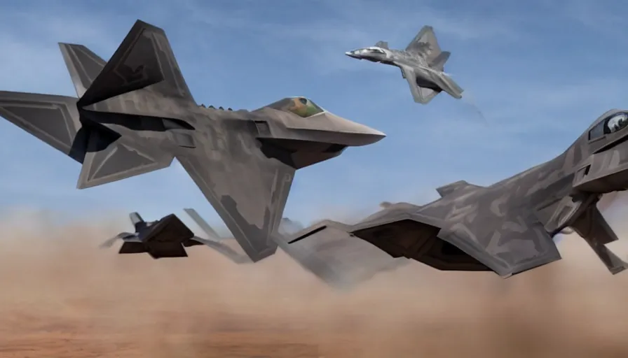 Image similar to big budget movie about dinosaur raptor fighting an f22 raptor.