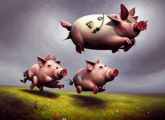 Prompt: detailed oil painting of flying pigs by marc simonette and alexander jansson, concept art