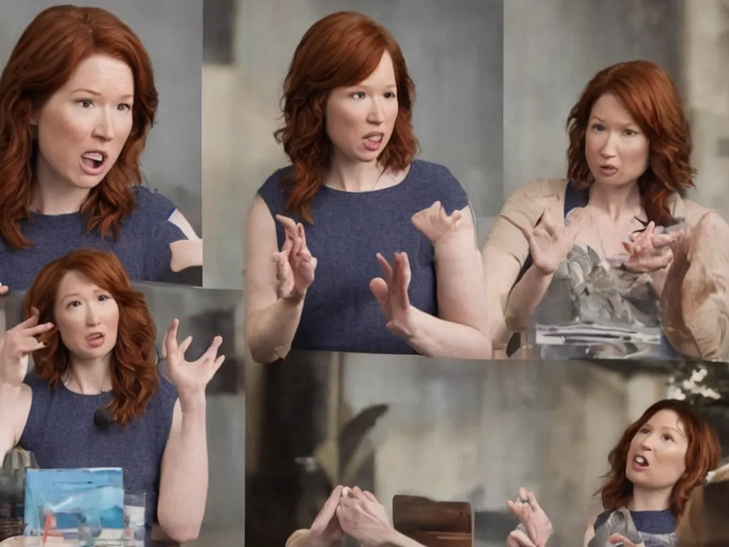 Image similar to realistic tabloid photo of Ellie Kemper trying to explain she's not Nebula