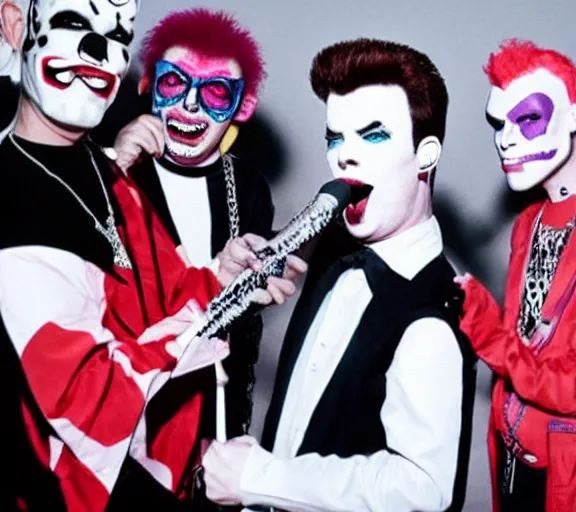 Prompt: color still of rick astley singing in music group insane clown posse