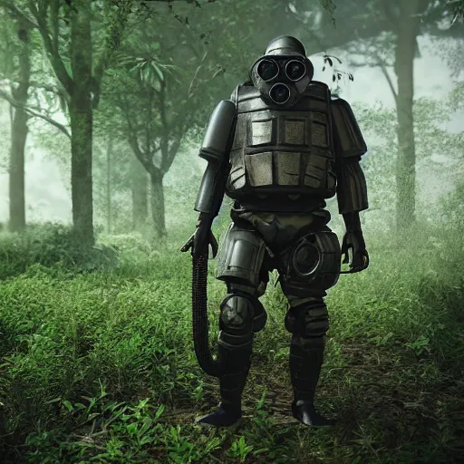 Image similar to a heavily armored man wearing a gasmask, walking through a lush jungle, realistic octane render, ray traced, god rays, extremely high detail