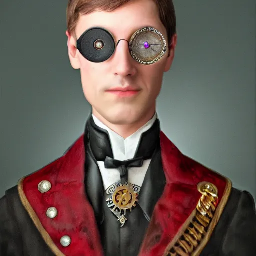 Image similar to photorealistic portrait of a steampunk royal wearing a monocle