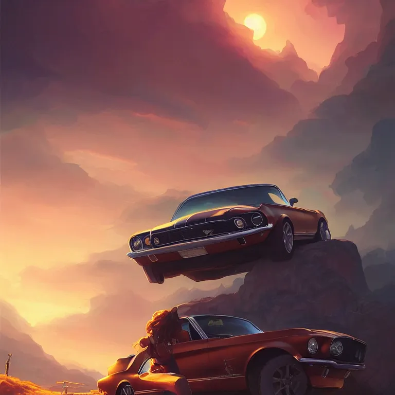 Image similar to view from behind a 1 9 6 8 mustang driving down a country road, coriolios rpg art style, full of details, warm sunset colors, matte painting, artstation, 8 k, hyperrealistic, style of peter mohrbacher, album cover