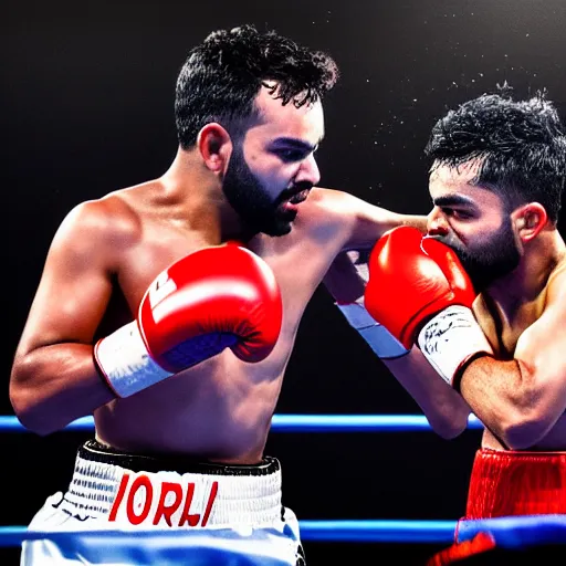 Image similar to landscape photography of a boxing match between rohit sharma and virat kohli in the ring, ultra realistic, highly detailed, canon 3 5 mm photography