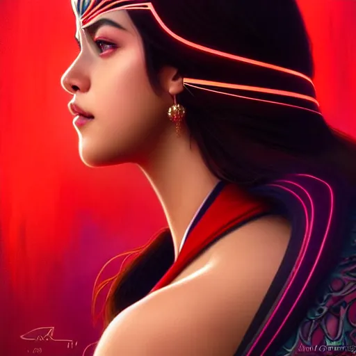 Prompt: liza soberano as darna, volumetric lights, red and cyan theme, art nouveau botanicals, intricate, highly detailed, digital painting, artstation, concept art, smooth, sharp focus, cinematic, illustration, beautiful face, art by artgerm and greg rutkowski and alphonse mucha