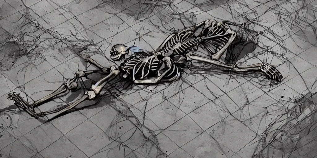 Image similar to skeleton lying in a puddle of mercury, pipe in the background, fantasy, digital art, trending on artstation