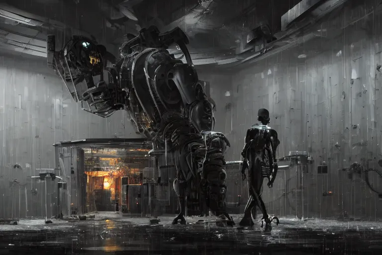 Image similar to gloomy colossal ruined server room in datacenter by eddie mendoza blender robot figure automata headless drone robot knight welder posing pacing fixing soldering mono sharp focus, emitting diodes, smoke, artillery, sparks, racks, system unit, motherboard, by rutkowski artstation hyperrealism cinematic dramatic painting concept art of detailed character design matte painting