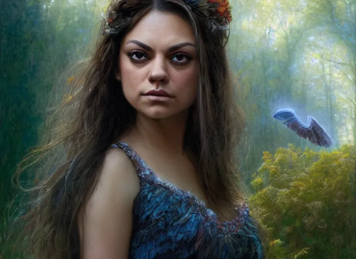 Image similar to Mila Kunis staring into the camera, misty wisps, Lilia Alvarado, Sophie Anderson, Mark Arian, Bob Byerley, Charlie Bowater, Mark Brooks, Steve Henderson, Justin Gerard, Arthur Hughes, Edward Robert Hughes, Mark Keathley, Victor Nizovtsev, Carlos Shwabe, Ross Tran, WLOP