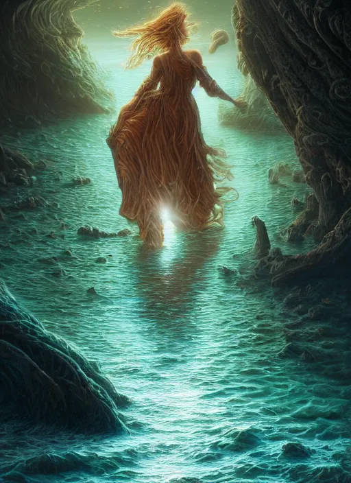 Prompt: beautiful glowing woman walking over the water and pulling a giant ark behind her, extremly detailed digital painting, vibrant colors, in the style of tomasz alen kopera and fenghua zhong and peter mohrbacher, mystical colors, rim light, beautiful lighting, 8 k, stunning scene, raytracing, octane, trending on artstation