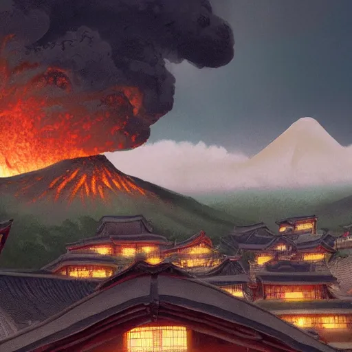 Prompt: matte painting art of a Japanese village in the hills with a big volcano eruption in the background, lava river, concept art, Trending on Artstation, cgsociety, ultra sharp