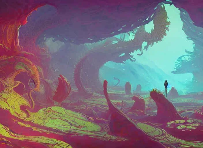 Image similar to psychedelic concept art of a spiraling alien landscape made of fungus and dragons, cel shaded, in the style of makoto shinkai and moebius and peter mohrbacher and anton fadeev