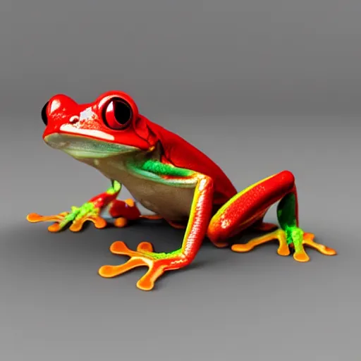 Prompt: a red - eyed tree frog with eye patch, 3 d model, high quality, sharp focus