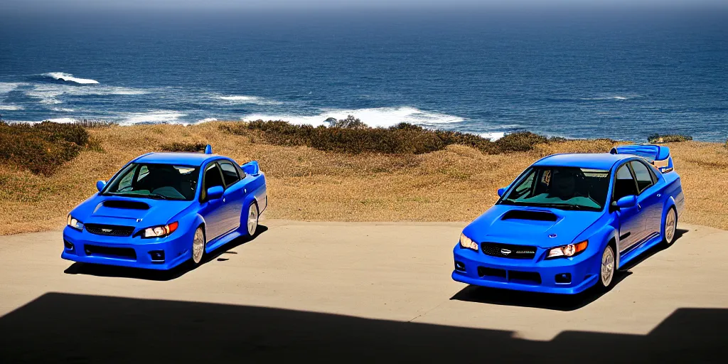 Image similar to photograph, 2007, 2007, 2007 Subaru WRX STi, cinematic, california coast, ocean view, 8k, depth of field, bokeh.