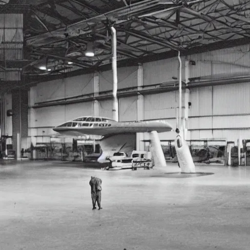 Image similar to spooky alien ship inside a hanger, old photo, vintage photo, grainy, realistic, real photo, men in hazmat suits standing around