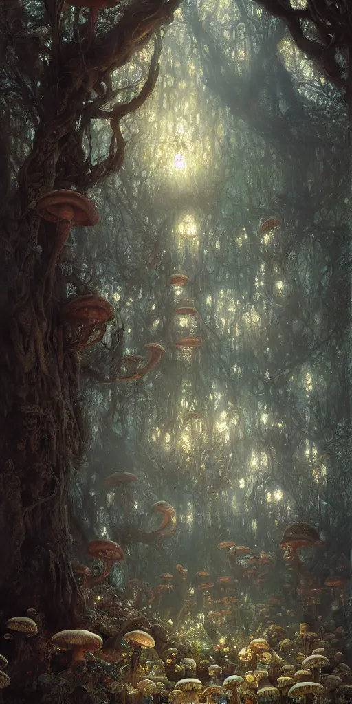 Prompt: enchanted mushroom forest, radiant light, caustics, by gaston bussiere, bayard wu, greg rutkowski, giger, maxim verehin